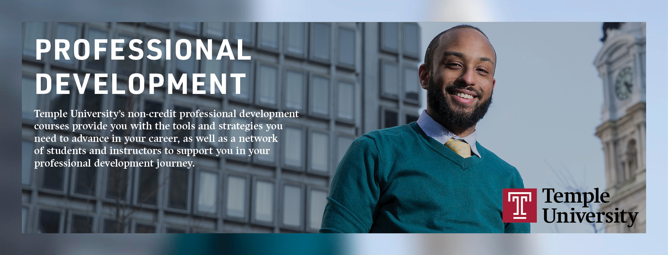 banner image of a guy wearing formal and smiling towards the camera.It has the title Professional Development.
