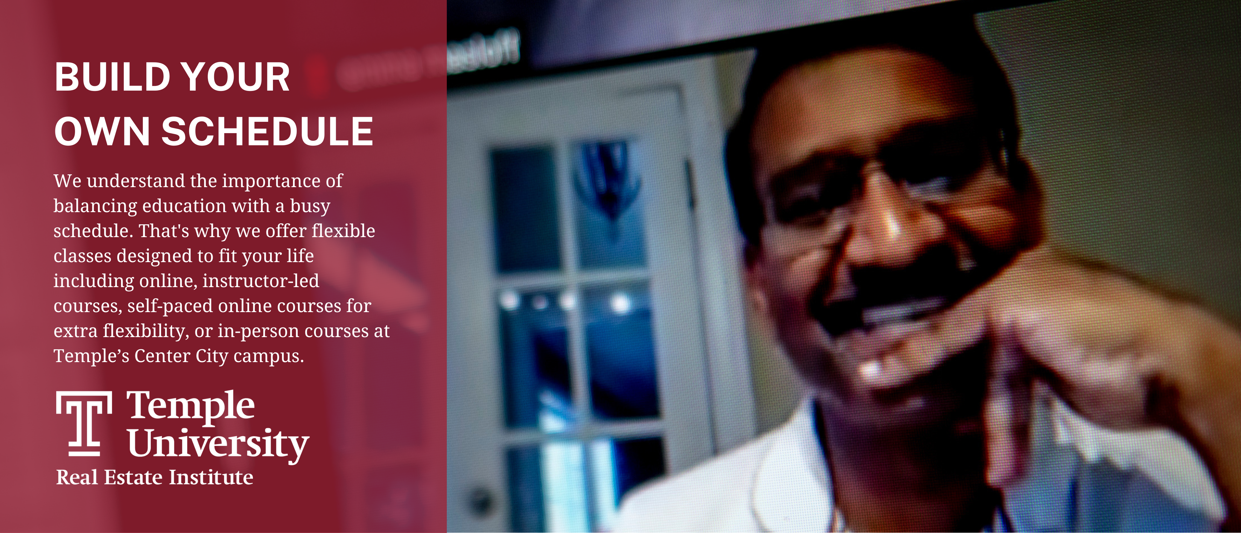 banner image showing a man smiling while learning on a Zoom lecture