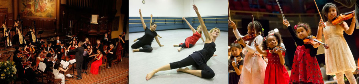 banner image of an orchestra, dance class, and children with violins