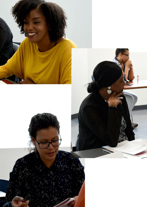 collage of three images of three different women in a classroom