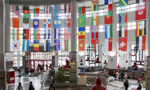 student center lobby with international flags