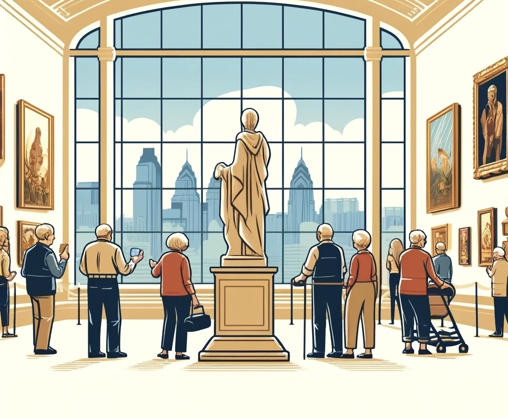 A group of elderly people admiring a statue and paintings in a museum