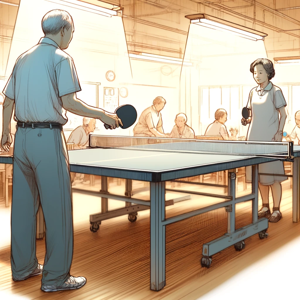 An elderly man and an elderly woman playing a competitive match of ping pong